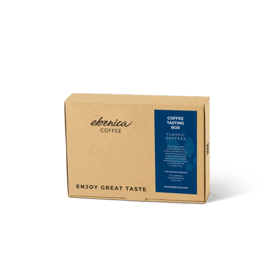 Rich coffee tasting box with classic blend flavors, perfect for coffee enthusiasts.