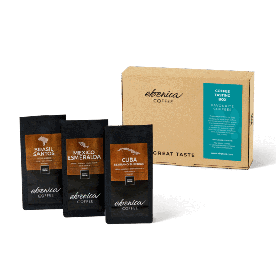 Rich single-origin coffee beans for tasting, from Brazil Santos, Mexico Esmeralda, and Cuba Serrano Superior.